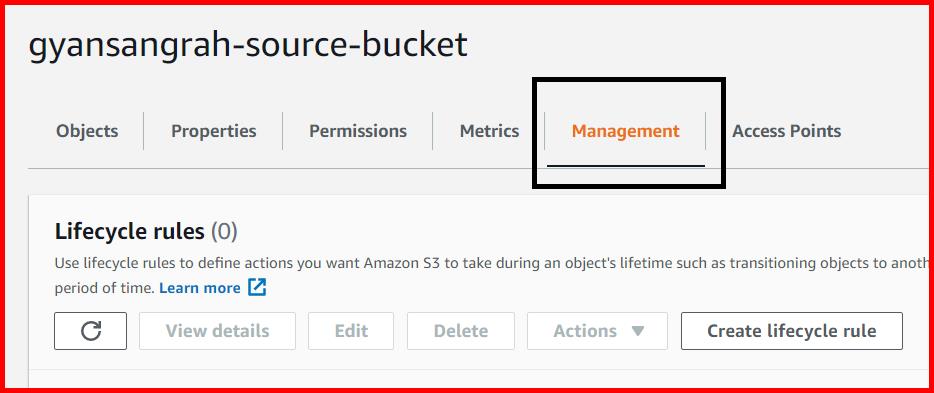Picture showing the Management tab in the bucket detail screen